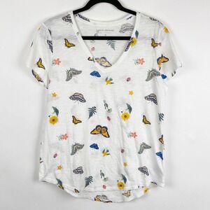 Lucky Brand Butterfly Floral Print V Neck T Shirt Women's Size Medium White
